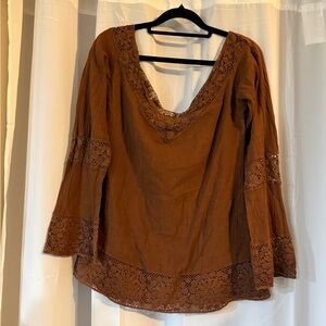 Vintage Mijo Cotton Gauze Lace Blouse Boho Brown Made in USA Size S